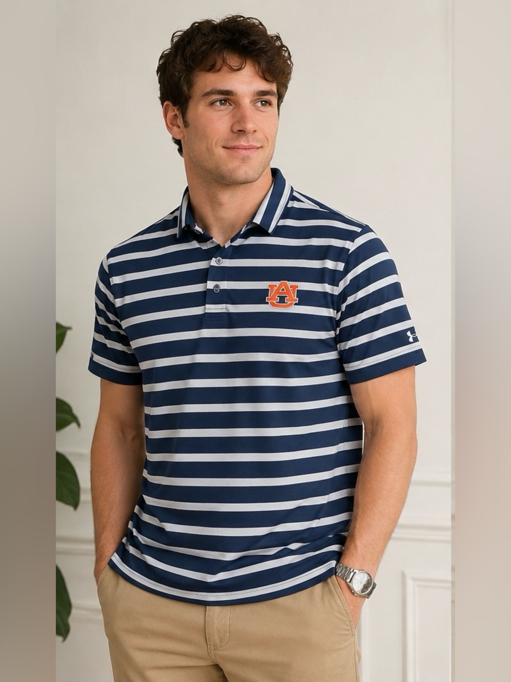 Under Armour Navy and White Striped Polo with Auburn AU Patch